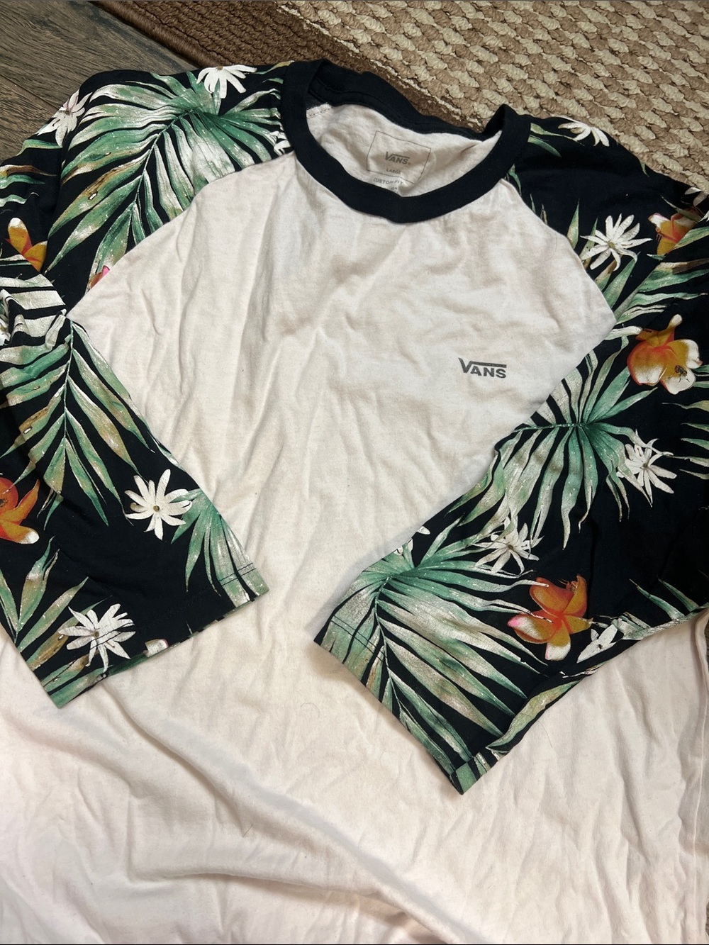 Vans Kids White Raglan Tee with Black Tropical Print Sleeves
